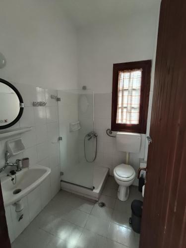 a bathroom with a shower and a toilet and a sink at Kalama Apartments in Kalamos