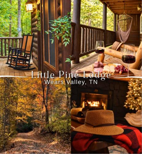 a picture of a porch with a hat and a fireplace at Little Pine Lodge a Smokies Hideaway - 1 mi to GSMNP - King Suite & Loft, Fireplace, Hot Tub & BEARS! in Sevierville