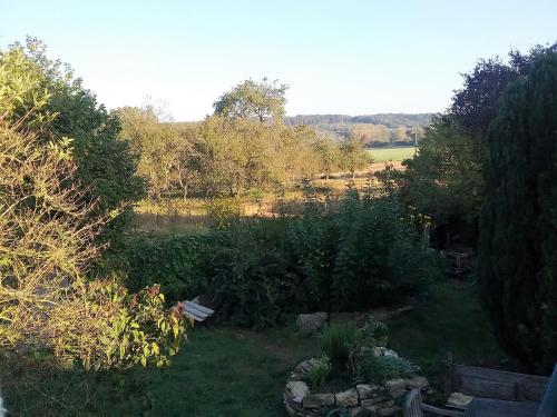 a garden with trees and a field in the background at Les Chambres de la Nied in Condé-Northen