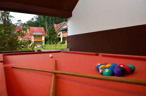 a group of balls sitting on top of a pool table at Hotel Girassol in Penedo