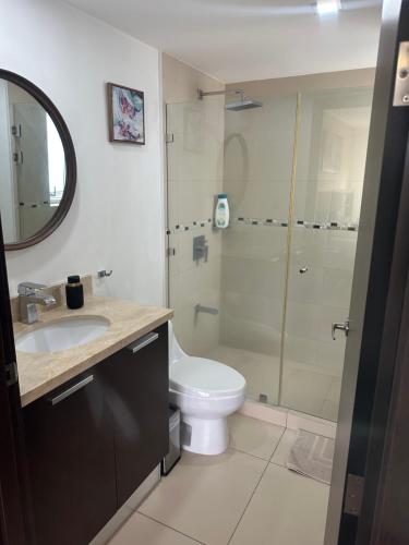 a bathroom with a toilet and a sink and a shower at Charming Two Bedroom with balcony in San José
