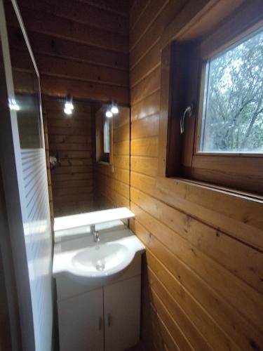 a bathroom with a sink and a window at chalets bois 150m de la plage in Olmeto