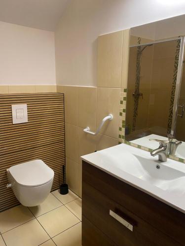 a bathroom with a white toilet and a sink at Cozy Garden Apartment Near Krakow - Free Parking in Gaj