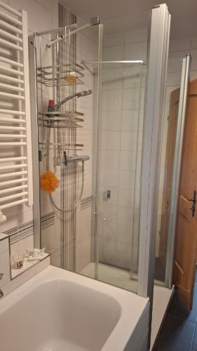 a bathroom with a tub and a glass shower at Uschi's guest apartment in Ruderting