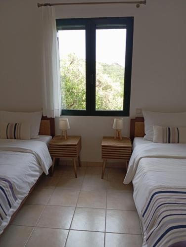 two beds in a room with a window at Villa Christina Anidri in Ánidhroi