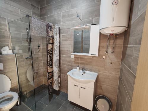a bathroom with a toilet and a sink and a shower at Srce Fojnice in Fojnica