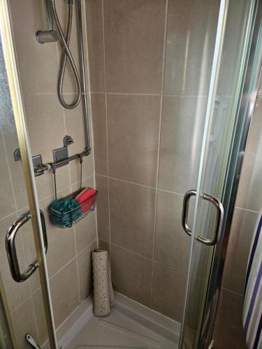 a shower with a glass door in a bathroom at 116 cherry park in Chapel Saint Leonards