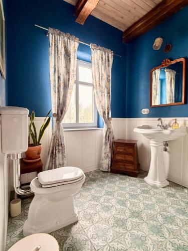 a blue bathroom with a toilet and a sink at Siedlisko Dobrych Snów in Stare Juchy