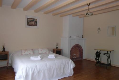 a bedroom with a white bed and a fireplace at Les Devants De Rupuanne in Bréhémont
