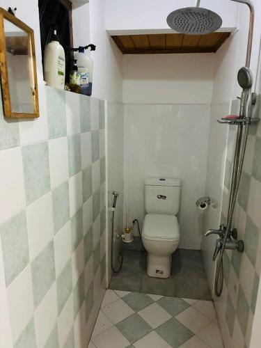 a small bathroom with a toilet and a shower at A&A Homestay in Seeduwa