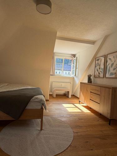 a bedroom with a bed and a dresser and a window at Panorama Domblick in St. Blasien