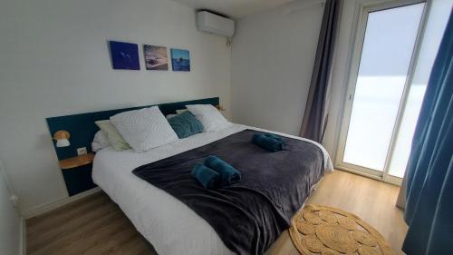 a bedroom with a large bed with two blue pillows at Pépite citadine à St Pierre in Saint-Pierre