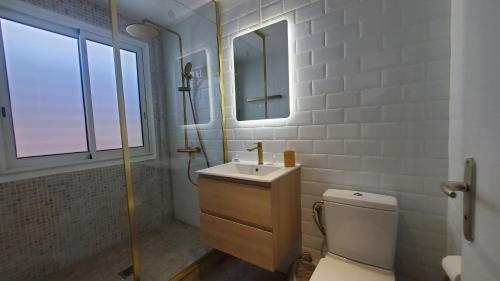 a bathroom with a sink and a toilet and a mirror at Pépite citadine à St Pierre in Saint-Pierre