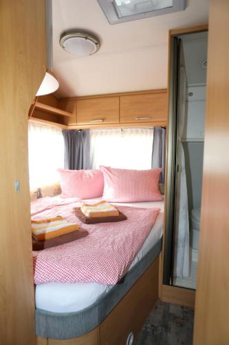 a bed in the middle of a room with pink pillows at "Campingplatz Altjessen 57" in Pirna
