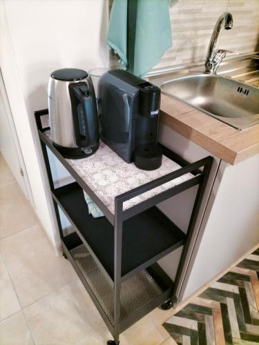 a kitchen counter with a sink and a appliance on a shelf at Il Colle in Treggiaia