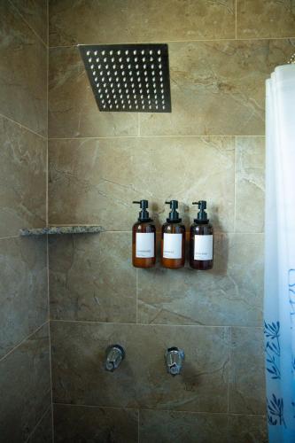 tre bottiglie di sapone su una parete in una doccia di Vacation Haven a Rolleville