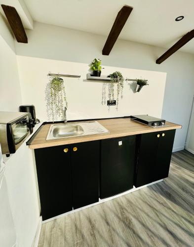 a kitchen with black cabinets and a sink at Mini Estudio Málaga in Málaga