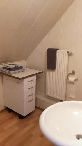 a bathroom with a sink and a white counter top at Pension Bei Valentina in Wertheim