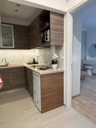a kitchen with wooden cabinets and a counter top at Galaris' Studio in Samos