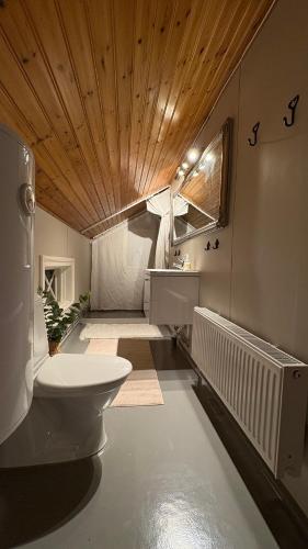 a bathroom with a toilet and a wooden ceiling at Ranchen B&B in Enköping