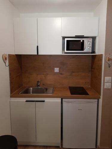 a small kitchen with a sink and a microwave at Abondance studio la marmotte in Abondance
