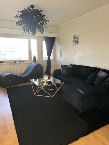 a living room with a black couch and a table at Lemmenpesä Ytimessä in Oulu