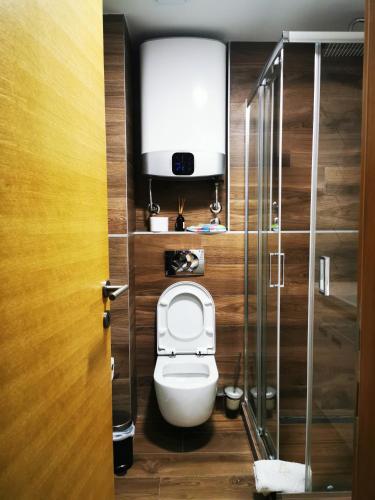 a bathroom with a toilet and a glass shower at Apt in the Sky - Kopaonik Kraljevi Čardaci in Kopaonik