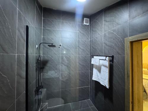 a bathroom with a shower with black tiles at ShowLove Luxury Apartment in Lekki Phase 1