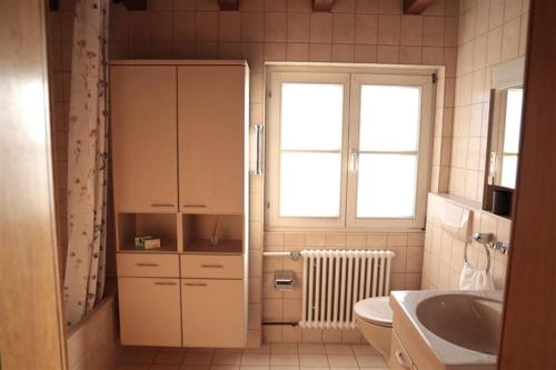 a bathroom with a sink and a toilet and a window at Zurück zur Wurzel in Karsau