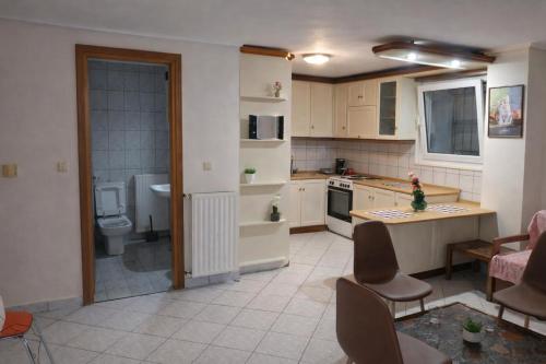 a kitchen with a sink and a toilet in a room at Ntolos House Old Town in Kavála