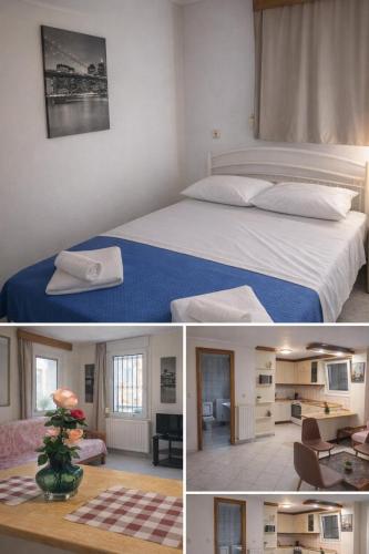 two pictures of a bedroom with a bed and a living room at Ntolos House Old Town in Kavála