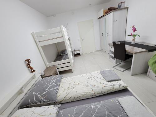a bedroom with a bunk bed and a desk and a desk at 3 WG-geeignete Zimmer zur Selbstverpflegung in Ostfildern
