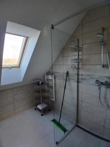 a bathroom with a glass shower with a window at Apartamenty Polonia in Cserépfalu