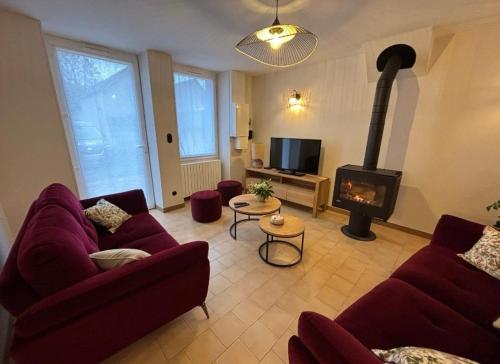 a living room with two couches and a fireplace at La Parenthèse Sancerroise in Savigny-en-Sancerre