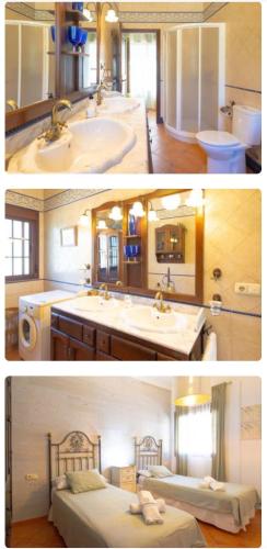 two pictures of a bathroom with a sink and a tub at Casa Sofia in Ubrique