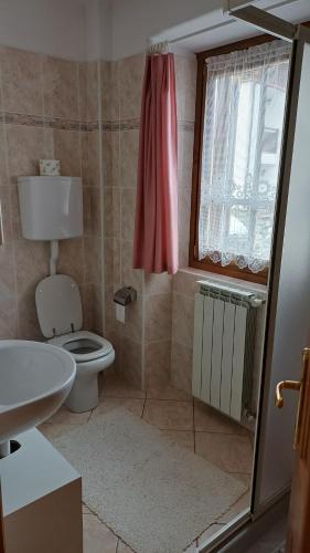 a bathroom with a toilet and a sink and a window at Sambor apartment in Oga