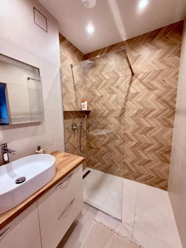 a bathroom with a sink and a shower at Центр стадіон Central Сity Замкова in Rivne