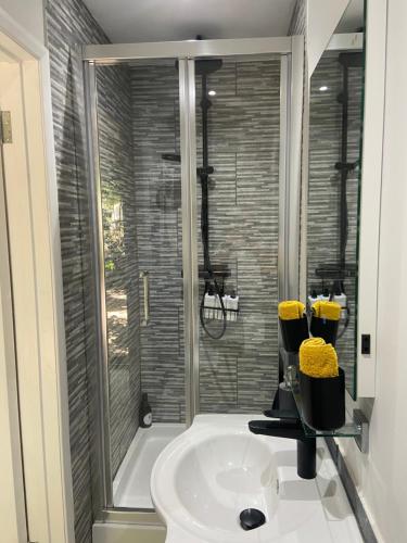 a bathroom with a shower and a sink at The Nookery in Winscombe