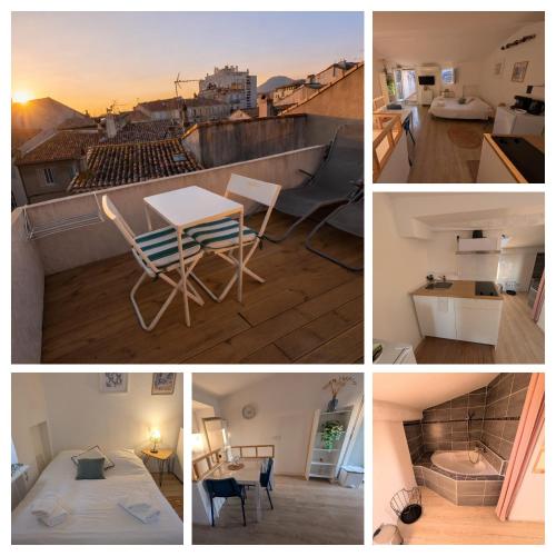a collage of photos with a table and chairs on a roof at L'oiseau Bleu - Clim - Tout inclus - Terrasse in Aubagne