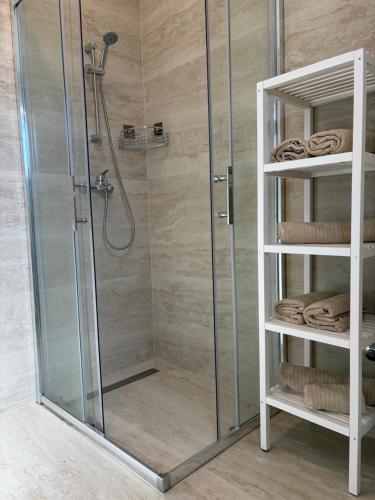 a shower stall with a glass door in a bathroom at Apartments Verde in Lumbarda