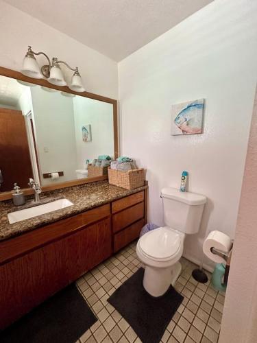 a bathroom with a toilet and a sink and a mirror at Surfers Dream Studio in Waianae