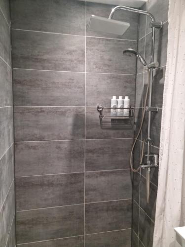 a bathroom with a shower with a glass door at Bayer Apartments Copenhagen in Rødovre