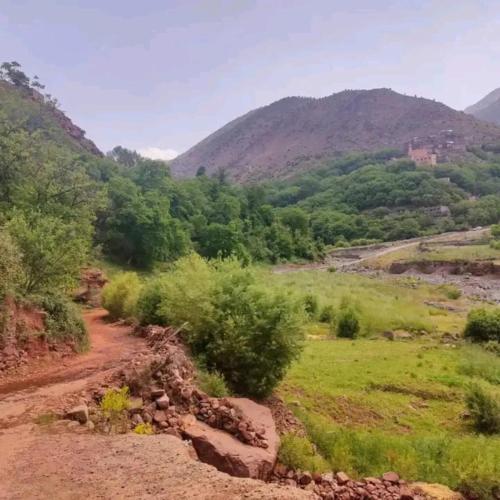 Ein Feldweg mit Bergen im Hintergrund in der Unterkunft Azadne in Oulad Akkou