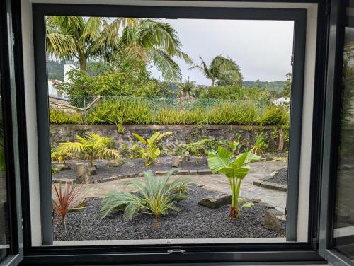 a view of a garden through a window at Vulcânica - Boutique Suites in Furnas São Miguel in Furnas