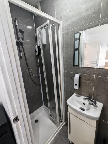 a bathroom with a shower and a sink at Lilac Studio - Self Contained One-Bed Studio Flat in Oxford