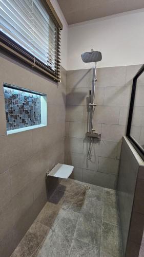 a bathroom with a shower with a toilet and a window at El Jardín de Martín in Puerto Jiménez