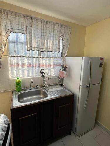 a small kitchen with a sink and a refrigerator at Casa Canaan in Monterrey