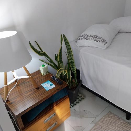 a bedroom with a bed and a table with a plant at Ap Interlagos apoia adversidade in São Paulo