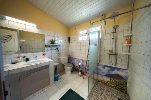a bathroom with a toilet and a sink and a shower at Studio bord de mer Home Dominik in Le Robert