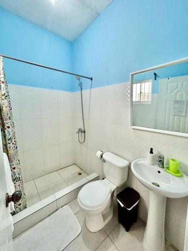 a bathroom with a toilet and a sink and a shower at PC 5 a 50 mts de la playa in Río San Juan